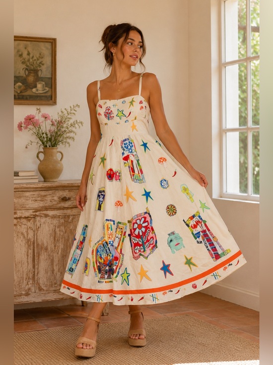 Commense Dresses & Skirts - Commense Whimsical Art Print Dress Size Medium Colorful Cottagecore Sundres